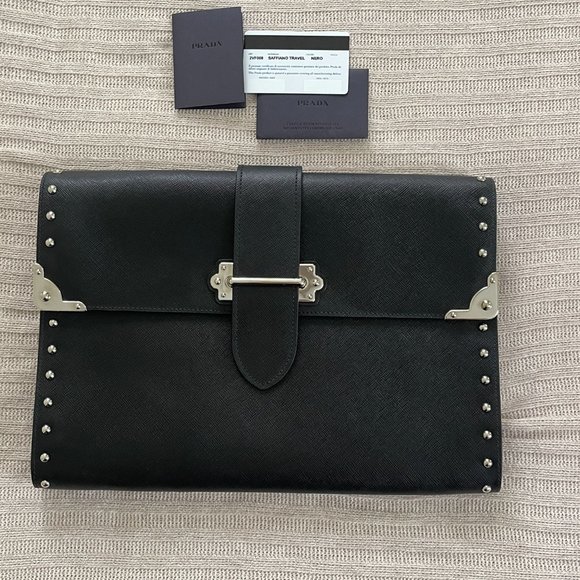 Prada Saffiano Black Leather Oversized Cluch 2VF008 - Picture 2 of 15